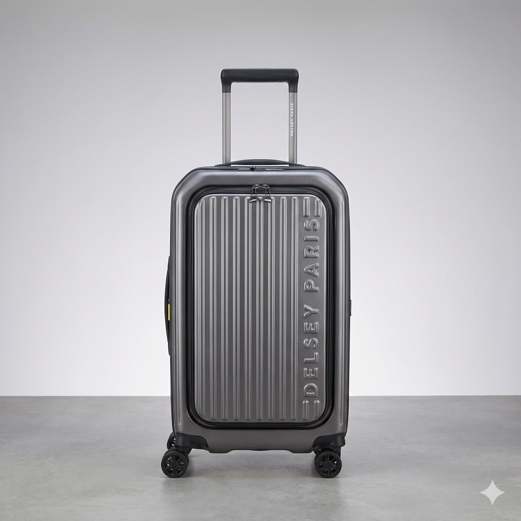 Delsey Paris metallic dark grey hard-shell carry-on luggage standing upright on a clean, light grey studio background.