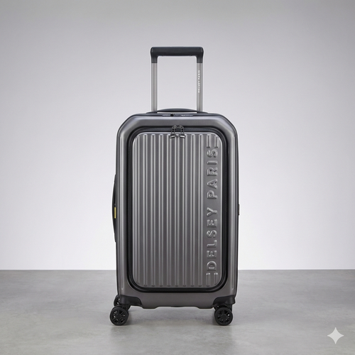 Delsey Paris metallic dark grey hard-shell carry-on luggage standing upright on a clean, light grey studio background.
